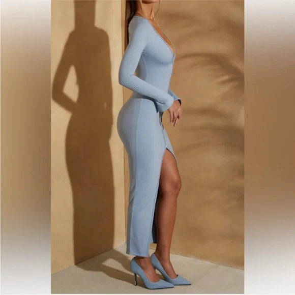 Elegant Blue Long Sleeve Dress - Picture 2 of 5